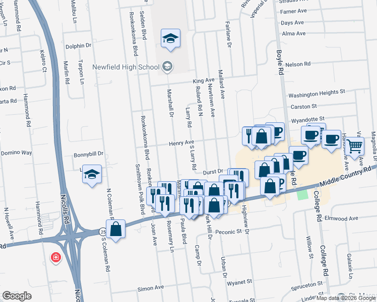map of restaurants, bars, coffee shops, grocery stores, and more near 49 Marshall Drive in Selden