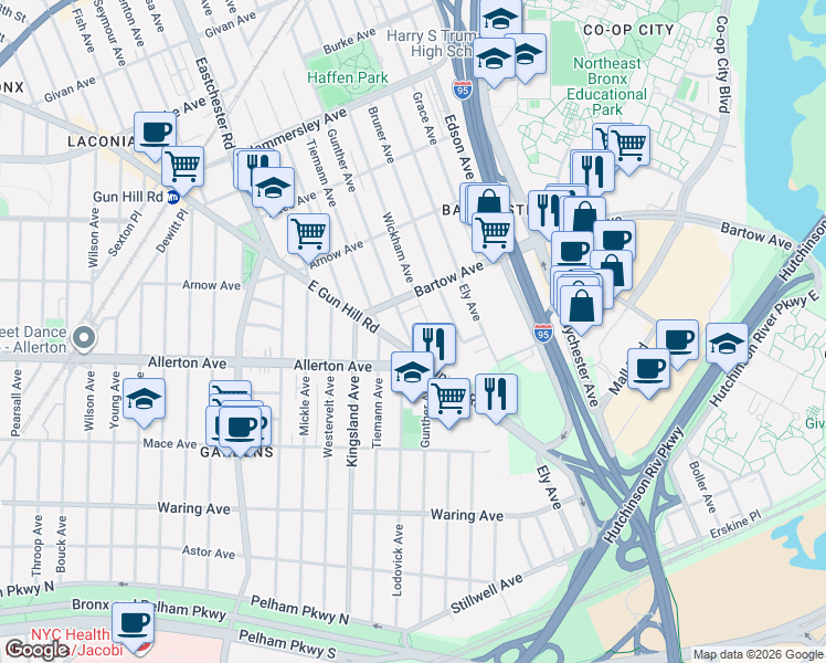 map of restaurants, bars, coffee shops, grocery stores, and more near 2735 Wickham Avenue in Bronx