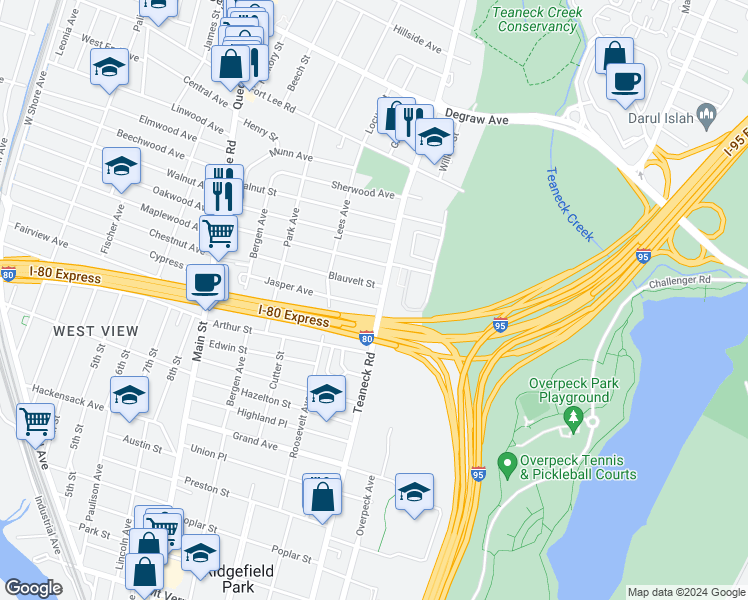 map of restaurants, bars, coffee shops, grocery stores, and more near 15 Jasper Avenue in Teaneck