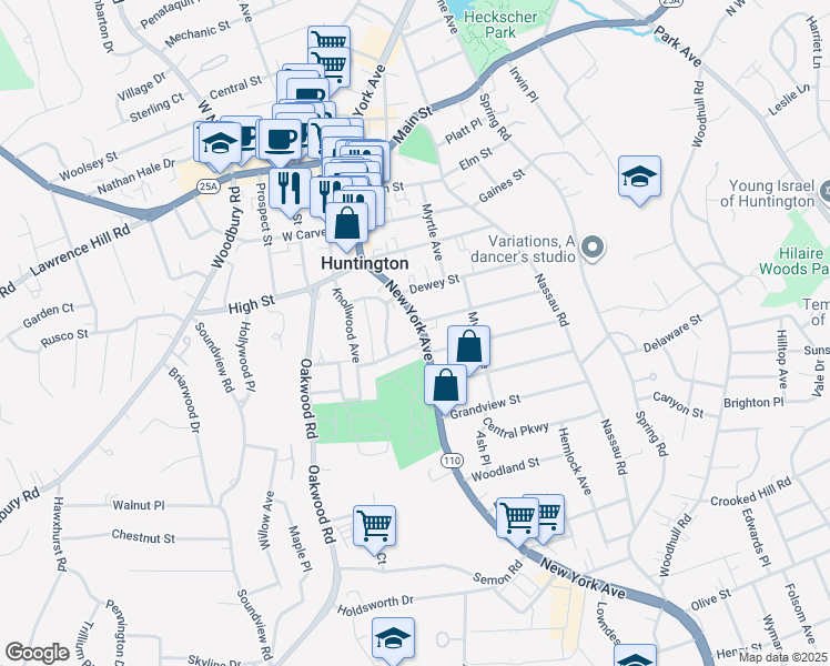 map of restaurants, bars, coffee shops, grocery stores, and more near 487 New York Avenue in Huntington