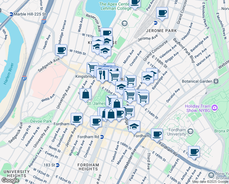 map of restaurants, bars, coffee shops, grocery stores, and more near 2633 Creston Avenue in The Bronx