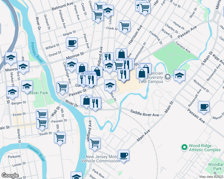 map of restaurants, bars, coffee shops, grocery stores, and more near 58 Marsellus Place in Garfield