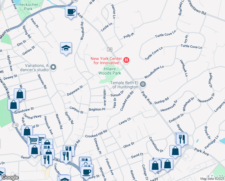 map of restaurants, bars, coffee shops, grocery stores, and more near 6 Clearfield Place in Huntington