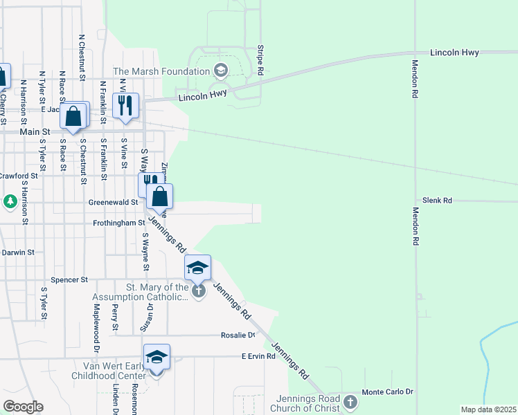 map of restaurants, bars, coffee shops, grocery stores, and more near 1279 Sunrise Court in Van Wert