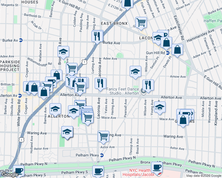 map of restaurants, bars, coffee shops, grocery stores, and more near 2717 Hering Avenue in Bronx