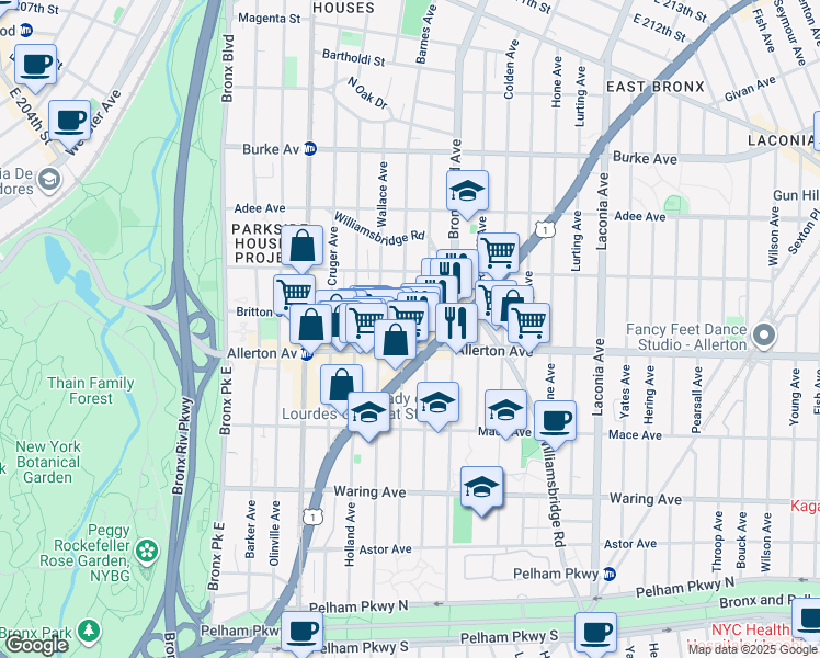 map of restaurants, bars, coffee shops, grocery stores, and more near 2717 Matthews Avenue in Bronx
