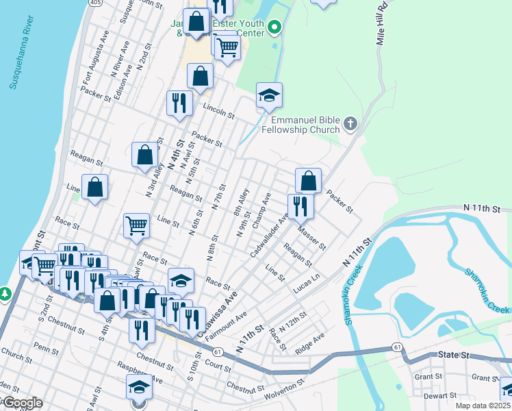 map of restaurants, bars, coffee shops, grocery stores, and more near 907 Masser Street in Sunbury