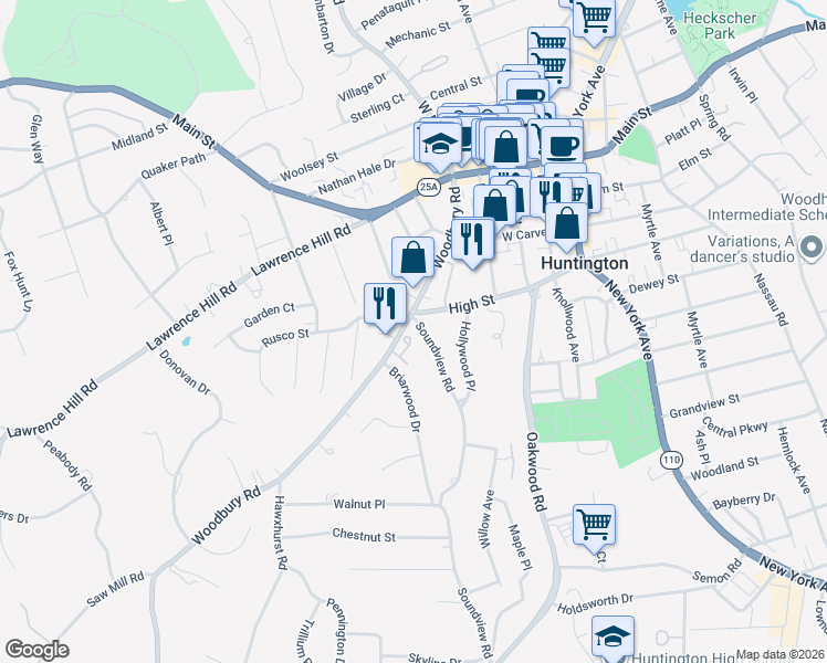 map of restaurants, bars, coffee shops, grocery stores, and more near 2 Insbrook Court in Huntington