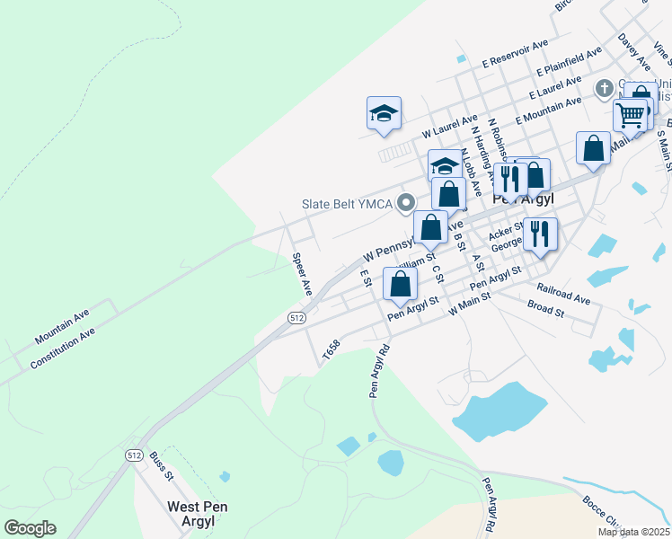 map of restaurants, bars, coffee shops, grocery stores, and more near 735 West Pennsylvania Avenue in Pen Argyl