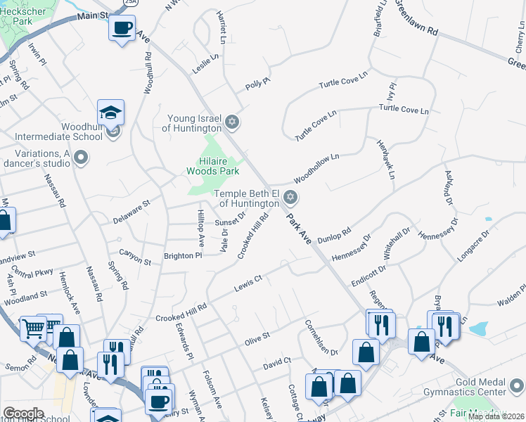 map of restaurants, bars, coffee shops, grocery stores, and more near 147 Crooked Hill Road in Huntington