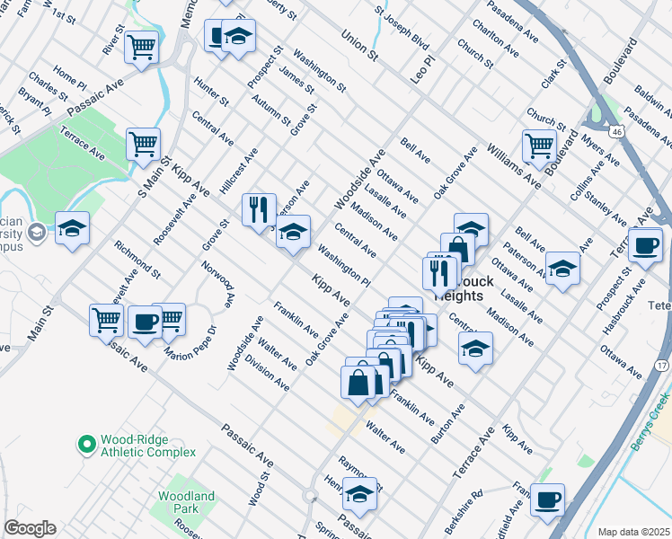 map of restaurants, bars, coffee shops, grocery stores, and more near 36 Washington Pl in Hasbrouck Heights