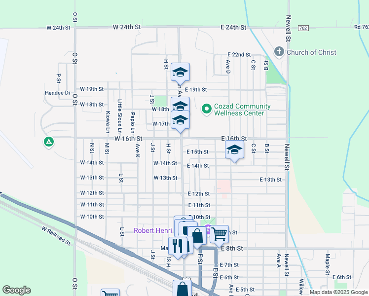 map of restaurants, bars, coffee shops, grocery stores, and more near 100-198 East 15th Street in Cozad