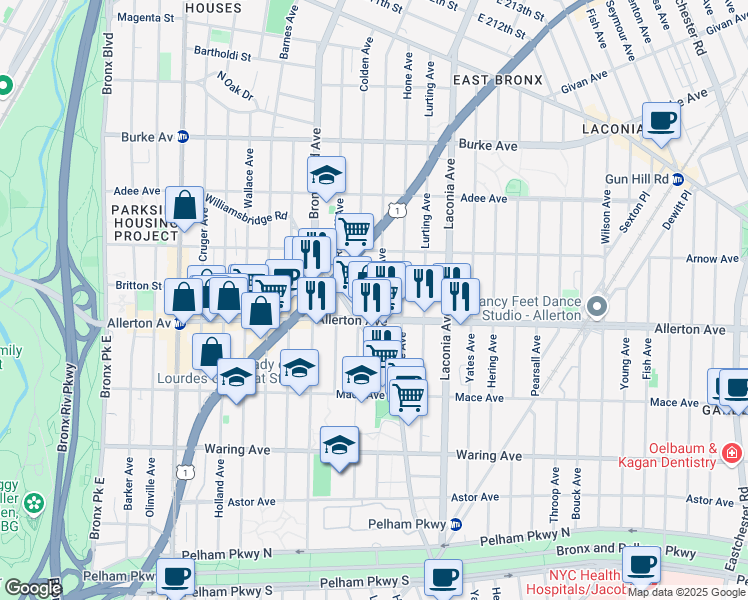 map of restaurants, bars, coffee shops, grocery stores, and more near 2710 Paulding Avenue in Bronx