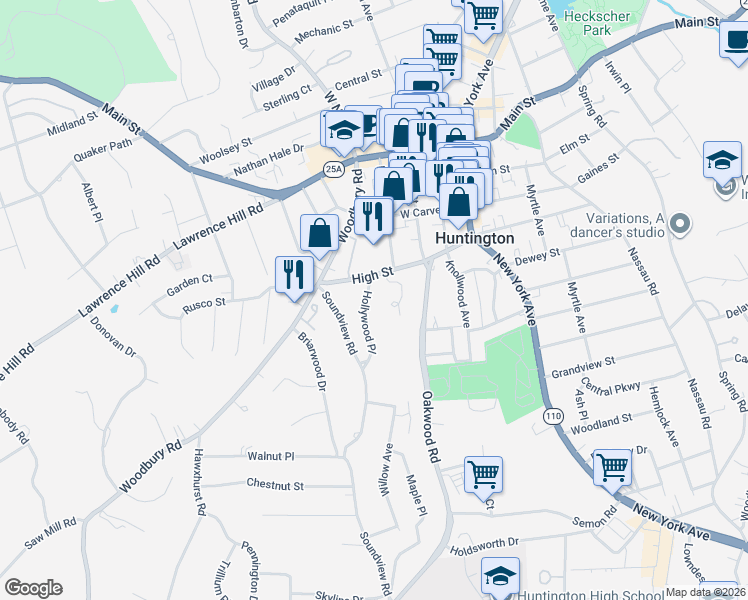 map of restaurants, bars, coffee shops, grocery stores, and more near 27 High Oaks Court in Huntington