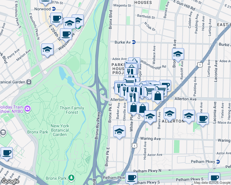 map of restaurants, bars, coffee shops, grocery stores, and more near 625 Allerton Avenue in The Bronx