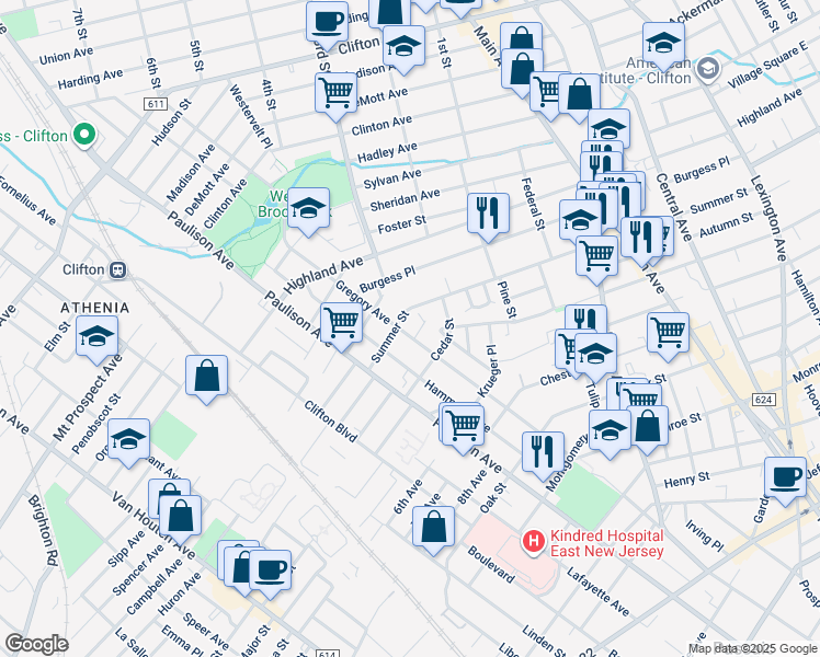 map of restaurants, bars, coffee shops, grocery stores, and more near 584 Gregory Avenue in Clifton