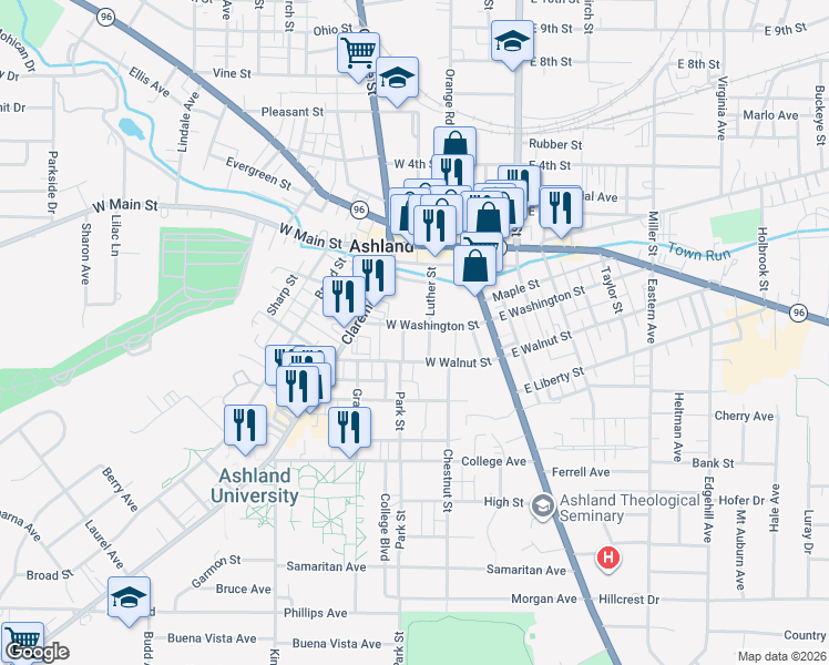 map of restaurants, bars, coffee shops, grocery stores, and more near 215 West Washington Street in Ashland
