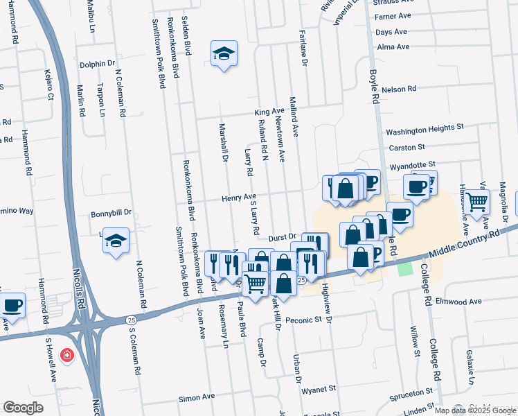 map of restaurants, bars, coffee shops, grocery stores, and more near 50 South Ruland Road in Selden
