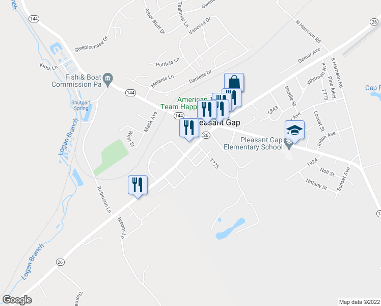 map of restaurants, bars, coffee shops, grocery stores, and more near 158 West College Avenue in Bellefonte