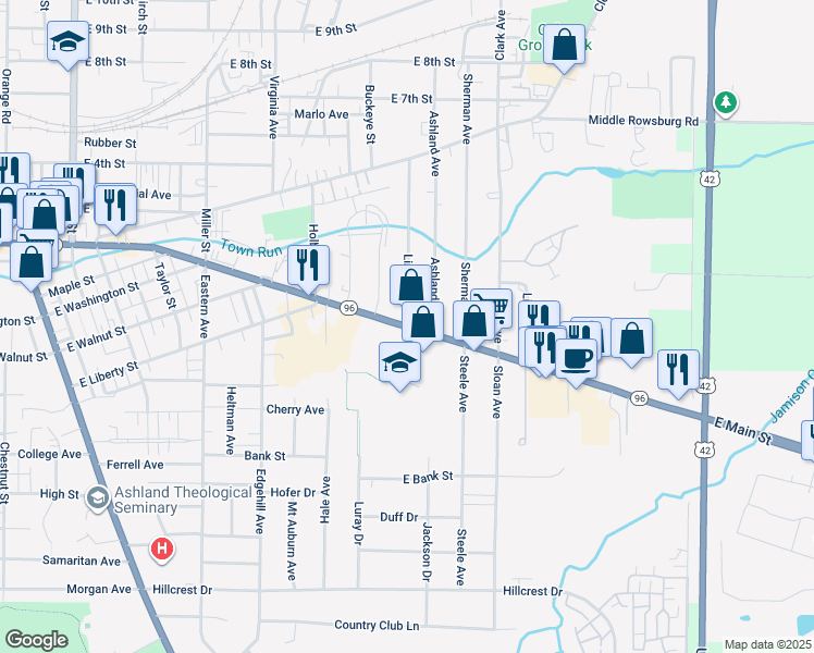 map of restaurants, bars, coffee shops, grocery stores, and more near 800 East Main Street in Ashland