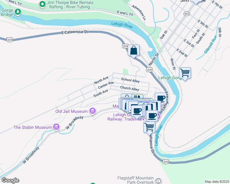 map of restaurants, bars, coffee shops, grocery stores, and more near 413 South Avenue in Jim Thorpe