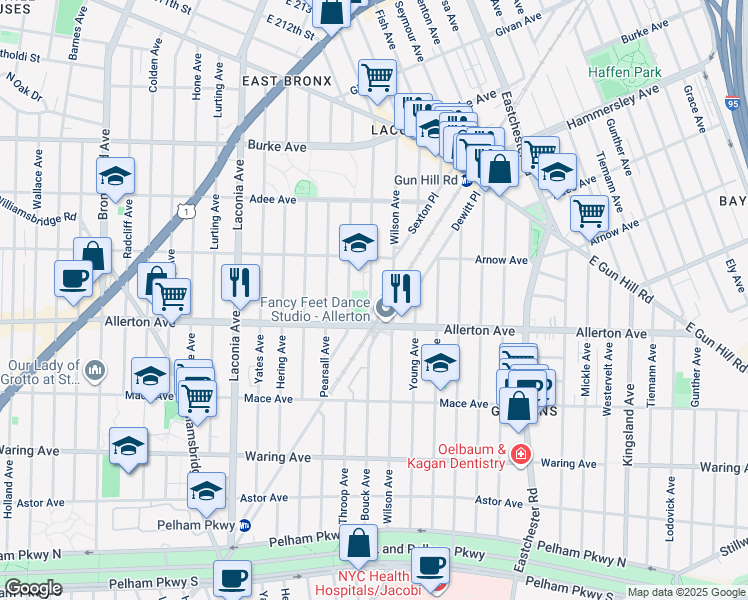 map of restaurants, bars, coffee shops, grocery stores, and more near 2732 Bouck Avenue in The Bronx