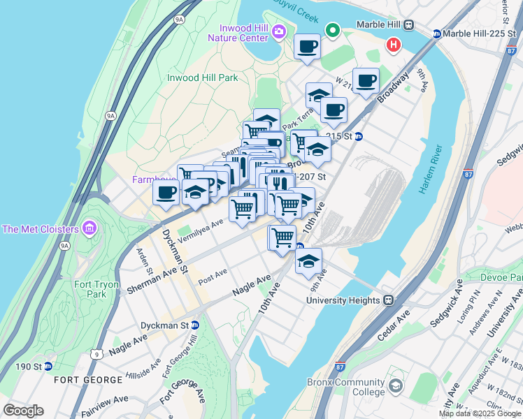 map of restaurants, bars, coffee shops, grocery stores, and more near 115 Vermilyea Avenue in New York