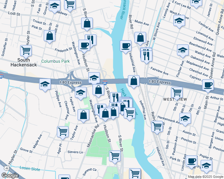 map of restaurants, bars, coffee shops, grocery stores, and more near 382 South River Street in Hackensack