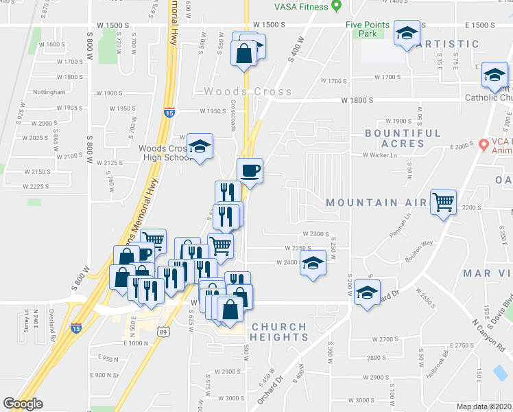map of restaurants, bars, coffee shops, grocery stores, and more near 2225 South 500 West in Bountiful