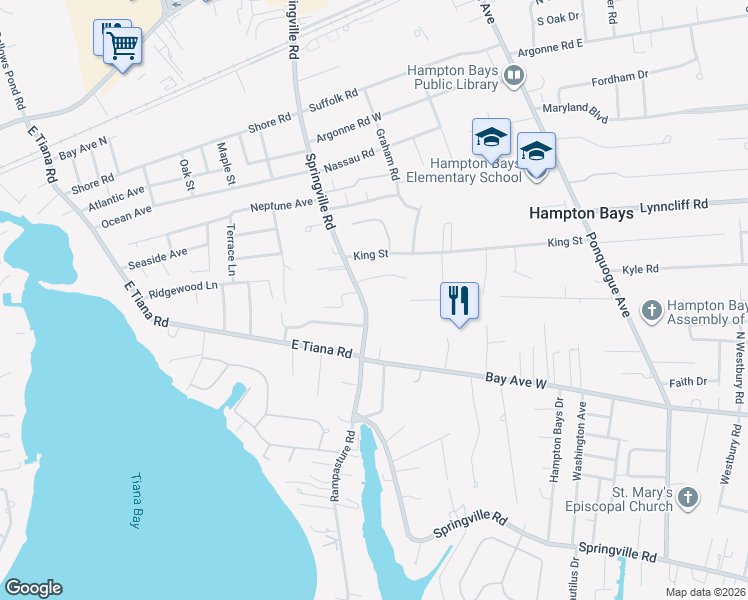 map of restaurants, bars, coffee shops, grocery stores, and more near 127 Springville Road in Hampton Bays