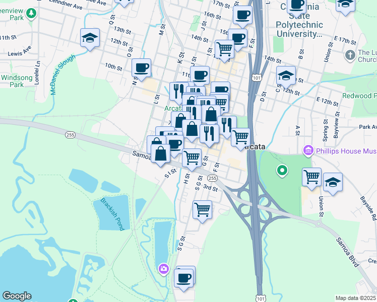 map of restaurants, bars, coffee shops, grocery stores, and more near 885 5th Street in Arcata