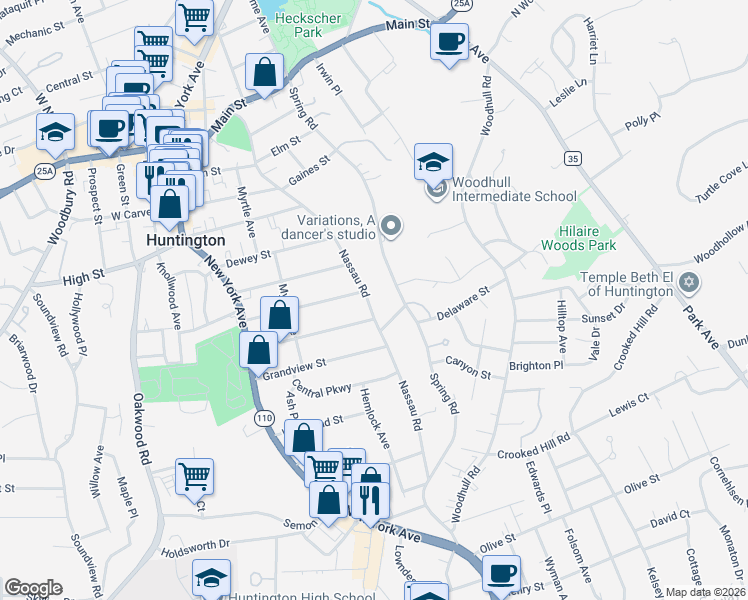 map of restaurants, bars, coffee shops, grocery stores, and more near 196 Nassau Road in Huntington