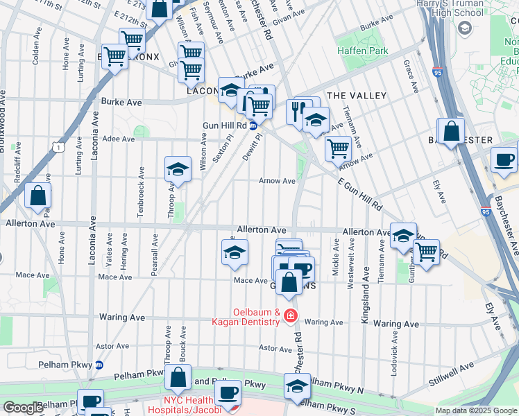 map of restaurants, bars, coffee shops, grocery stores, and more near 2720 Morgan Avenue in Bronx