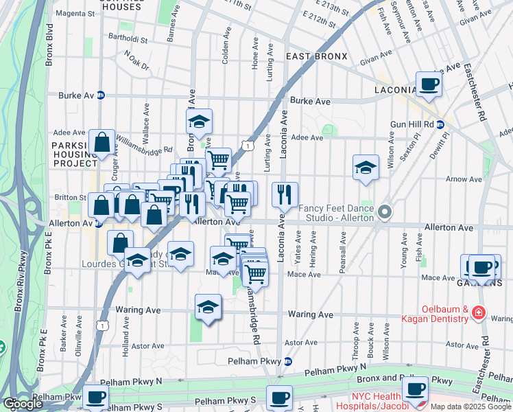 map of restaurants, bars, coffee shops, grocery stores, and more near in The Bronx