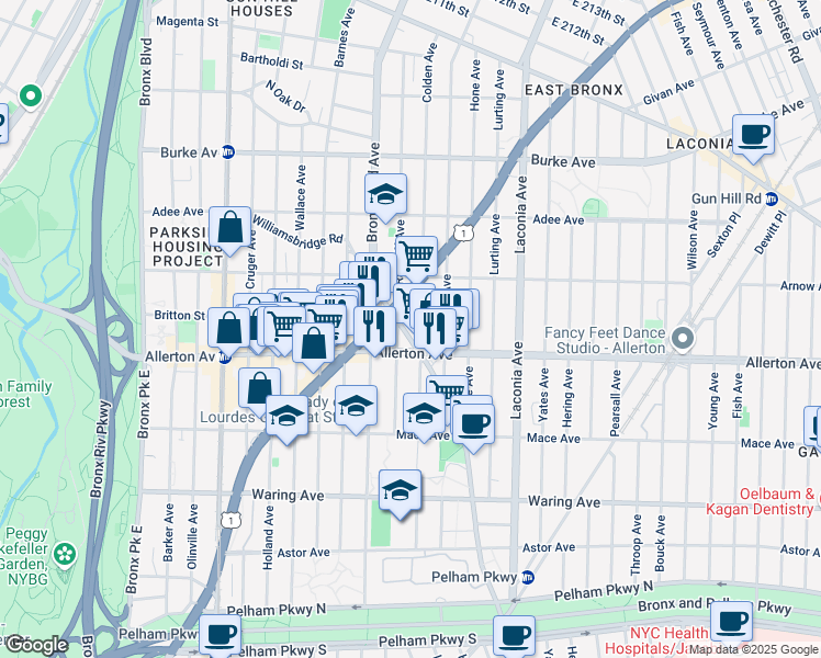 map of restaurants, bars, coffee shops, grocery stores, and more near 2706 Williamsbridge Road in The Bronx