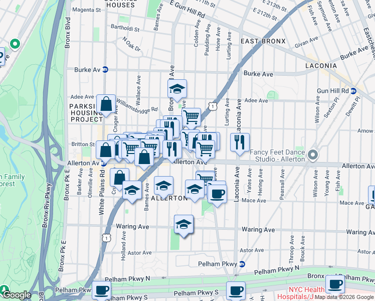 map of restaurants, bars, coffee shops, grocery stores, and more near 2706 Williamsbridge Road in The Bronx