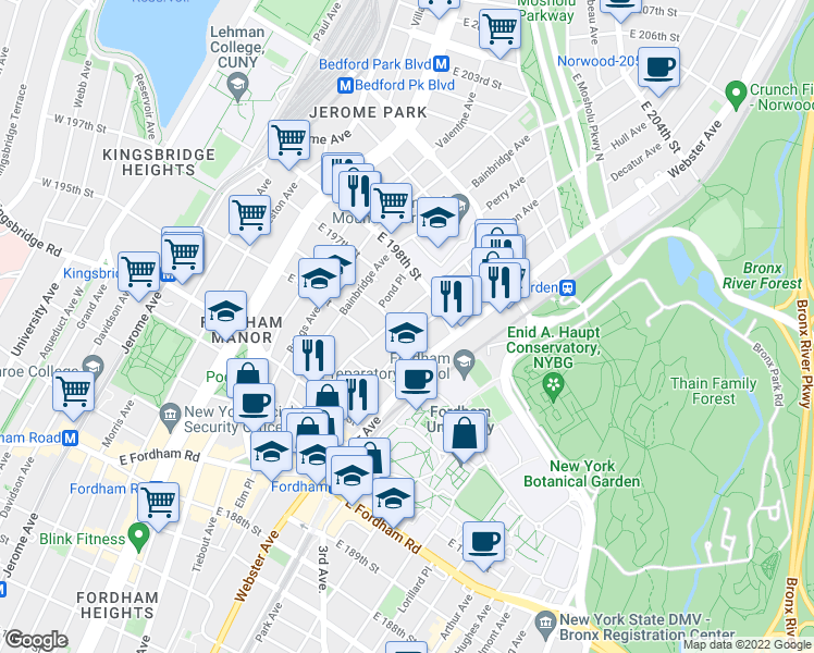 map of restaurants, bars, coffee shops, grocery stores, and more near 2736 Marion Avenue in Bronx