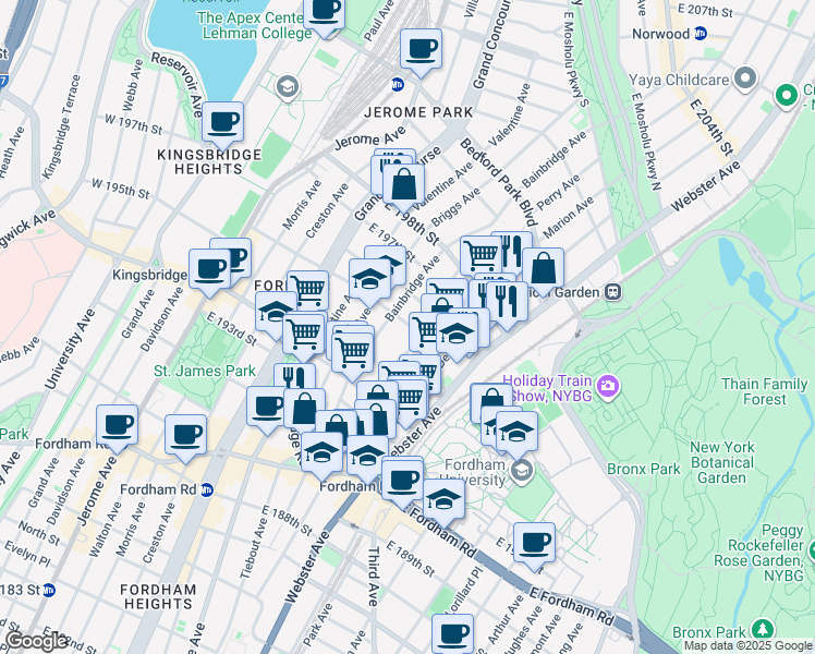 map of restaurants, bars, coffee shops, grocery stores, and more near 314 East 196th Street in The Bronx
