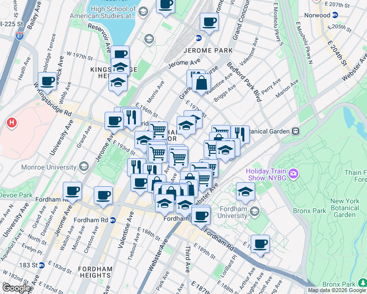 map of restaurants, bars, coffee shops, grocery stores, and more near 2684 Briggs Avenue in Bronx