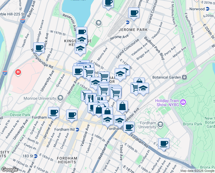 map of restaurants, bars, coffee shops, grocery stores, and more near in The Bronx