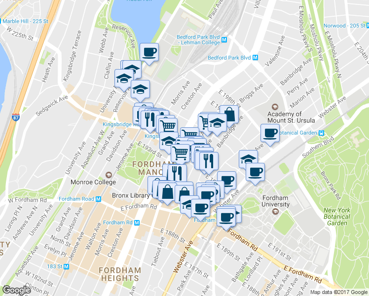 map of restaurants, bars, coffee shops, grocery stores, and more near in The Bronx