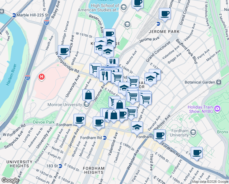 map of restaurants, bars, coffee shops, grocery stores, and more near 2633 Creston Avenue in The Bronx