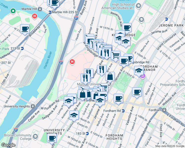 map of restaurants, bars, coffee shops, grocery stores, and more near 2515 University Avenue in Bronx