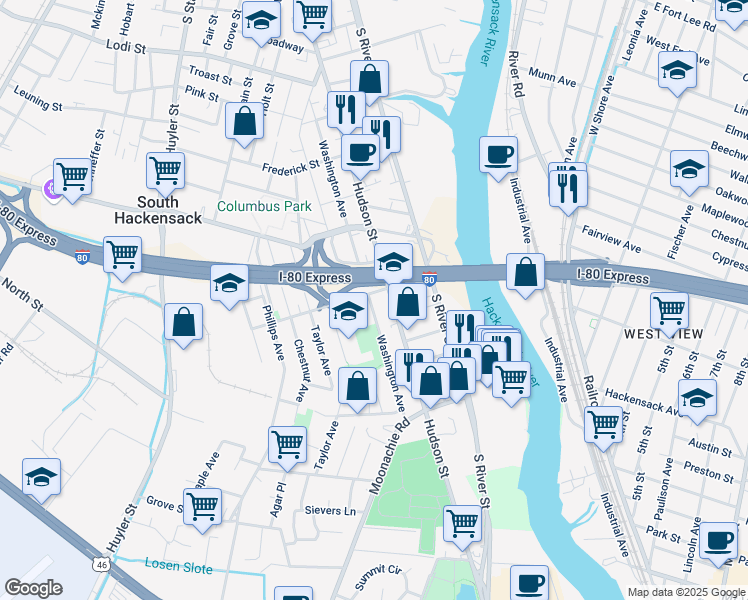 map of restaurants, bars, coffee shops, grocery stores, and more near 394 Washington Avenue in Hackensack