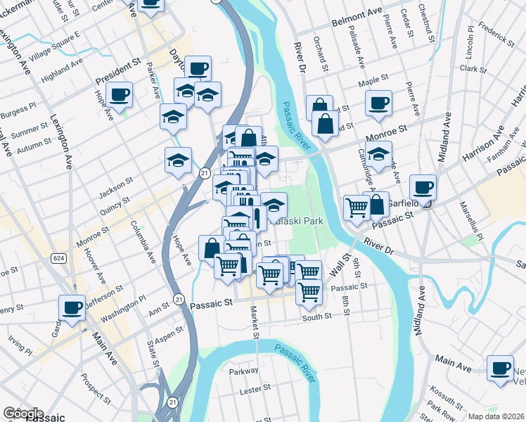 map of restaurants, bars, coffee shops, grocery stores, and more near 123 4th Street in Passaic