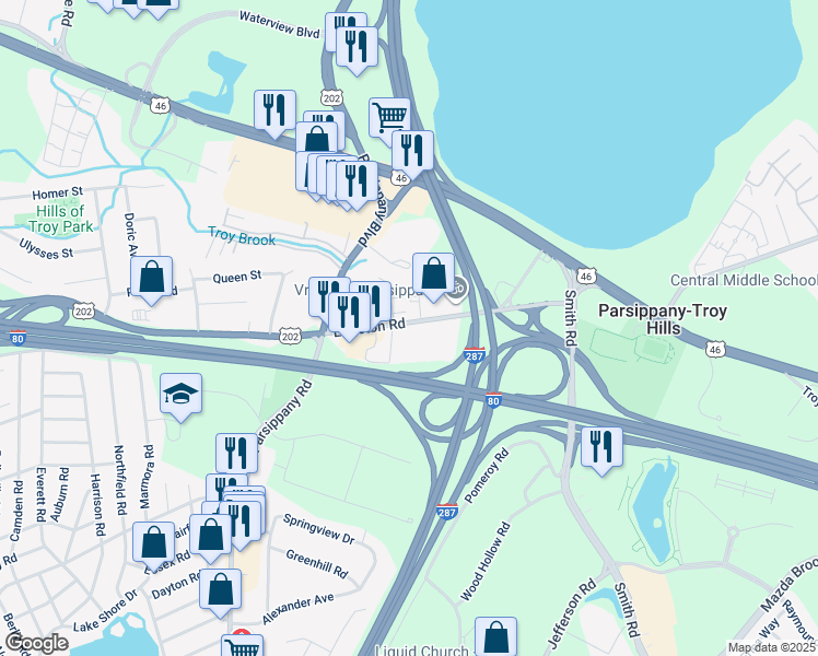 map of restaurants, bars, coffee shops, grocery stores, and more near 169 Littleton Road in Parsippany-Troy Hills