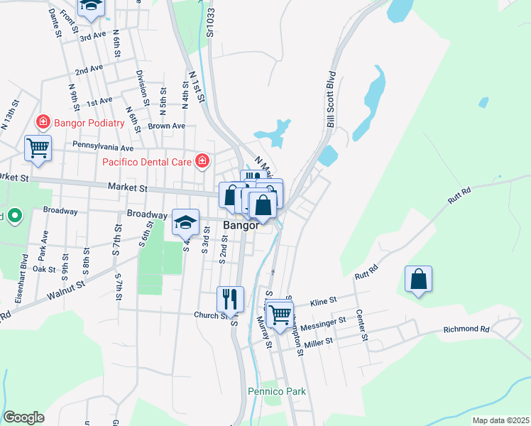 map of restaurants, bars, coffee shops, grocery stores, and more near 35 Broadway in Bangor
