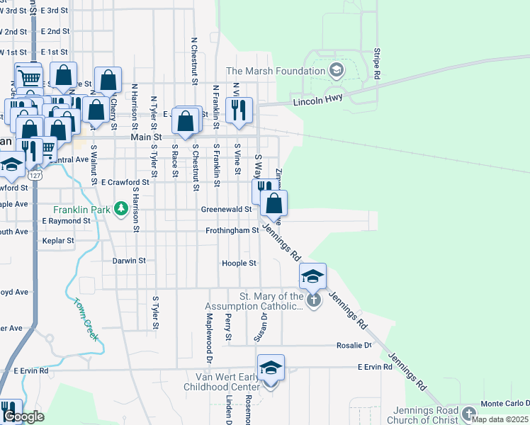 map of restaurants, bars, coffee shops, grocery stores, and more near 413 Zimmerman Avenue in Van Wert