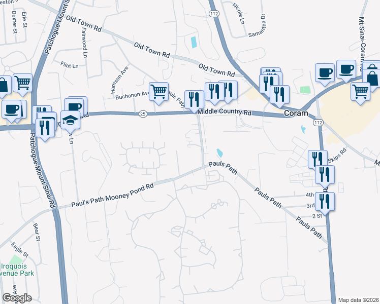 map of restaurants, bars, coffee shops, grocery stores, and more near 19 Mooney Pond Road in Coram