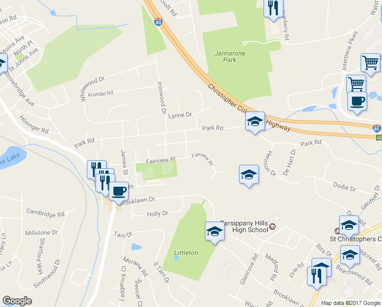map of restaurants, bars, coffee shops, grocery stores, and more near 204 Fairview Place in Morris Plains